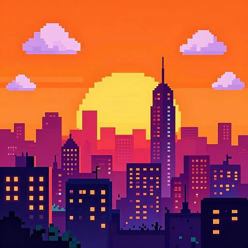 Pixel art cityscape at sunset, featuring a bright yellow sun, purple and orange gradient sky, silhouetted buildings with lit windows, and white