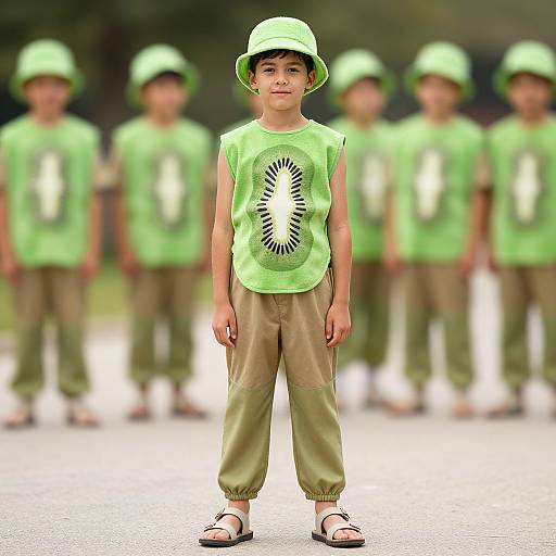 Photograph of a young boy in a green shirt with a sunburst design, beige pants, green hat, and sandals, standing in front of blurred