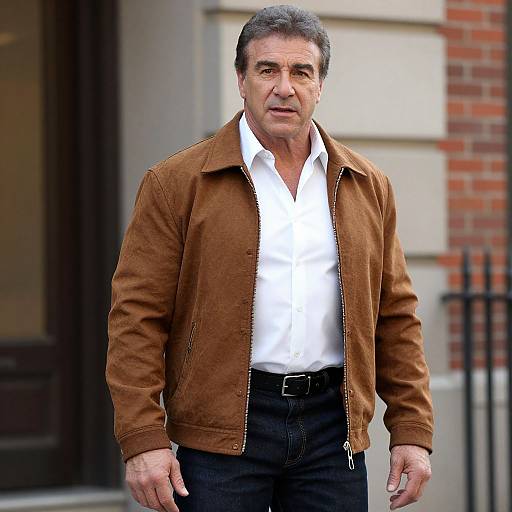 Photograph of middle-aged man with short dark hair, wearing a brown suede jacket over a white shirt, black pants, standing in front of a brick