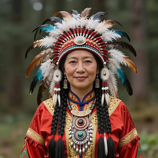 Asian Woman in Native American-Inspired Headdress and Traditional Dress