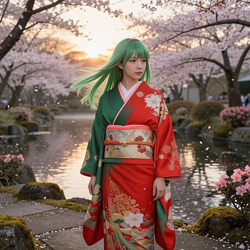 Woman in Traditional Kimono by Cherry Blossom Pond