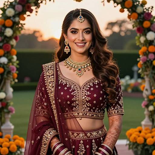 Photograph of a smiling Indian bride in a maroon and gold embroidered lehenga, with intricate jewelry, standing in front of a floral arch at sunset