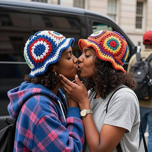 Two women kissing with colorful crocheted hats