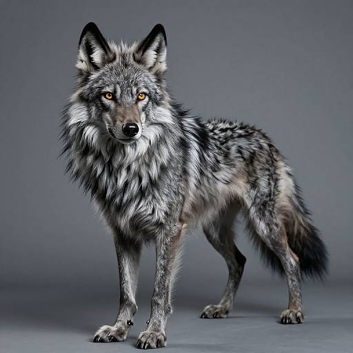Photorealistic digital rendering of a gray and black wolf with striking orange eyes, standing against a gradient gray background.