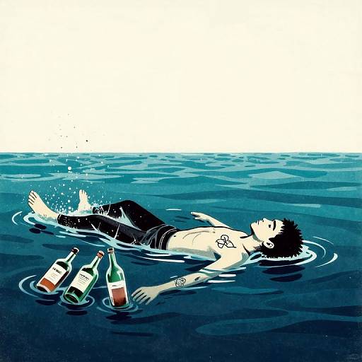 Digital illustration of a shirtless, tattooed man with black hair, floating face-up in blue water, surrounded by two bottles.