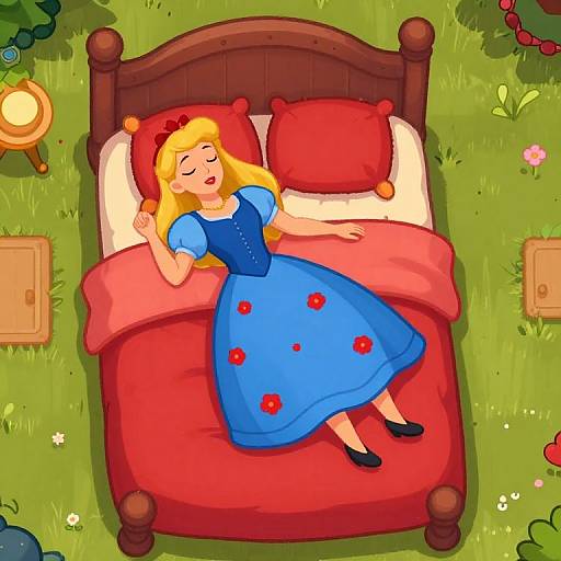 Digital illustration of a blonde woman in a blue dress with red flowers, sleeping on a red bed with red pillows, surrounded by green grass and garden elements