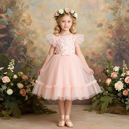 Young Girl in Floral Tulle Dress