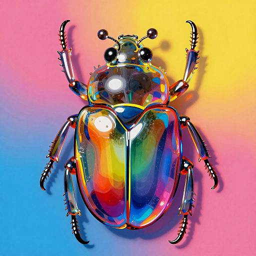 Vibrant digital drawing of a reflective, multicolored beetle with rainbow hues on a gradient pink-yellow-blue background. Bold, glossy textures highlight its