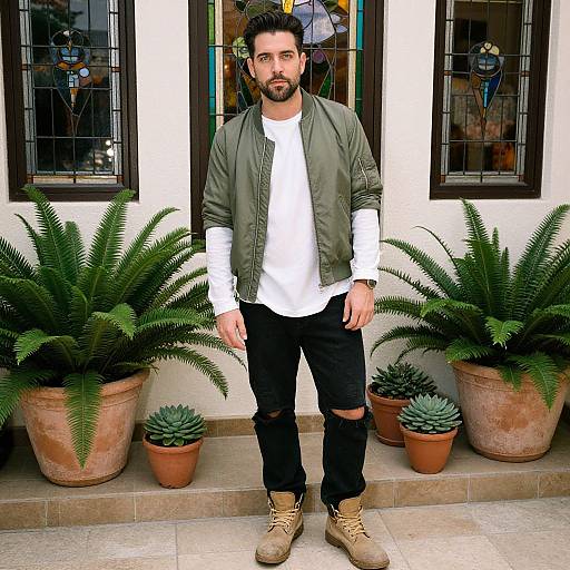 Photograph of a bearded man with dark hair, wearing a green jacket, white shirt, black ripped jeans, and tan boots, standing in front