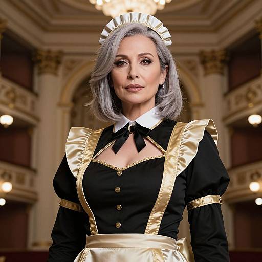 Photograph of a confident, mature woman with silver hair, wearing a black and gold maid outfit with a white collar and bonnet, standing in an