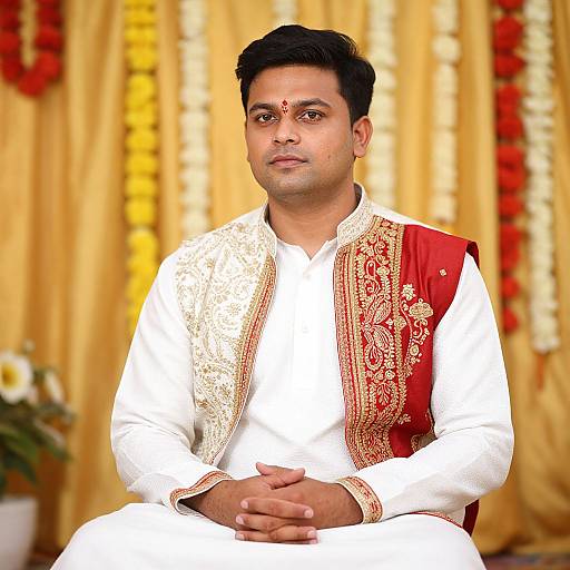 Photograph of a South Asian man with medium skin tone, short black hair, wearing a white kurta with gold embroidery and red vest, seated against