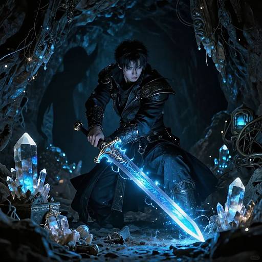 Dark-haired warrior in black armor kneels, glowing blue sword in hand, surrounded by ethereal crystals in a cave. Fantasy CGI image.