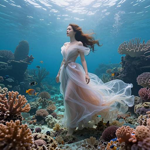 Photograph of a fair-skinned woman with long brown hair in a flowing, sheer white dress, gracefully swimming underwater among colorful coral reefs and small fish
