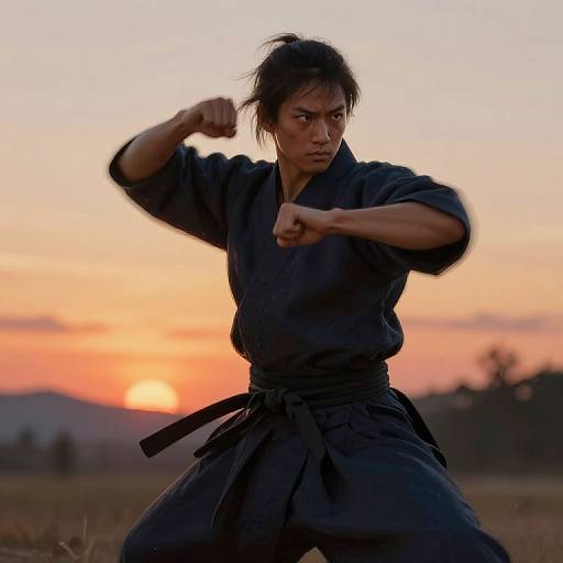 Photograph of a focused Asian woman in a black karate gi, performing a punch at sunset with a blurred, colorful sky background.