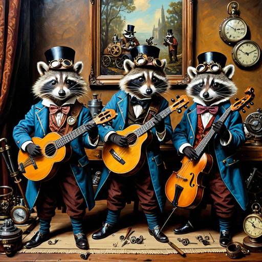 Steampunk Raccoon Quartet Playing Mandolins