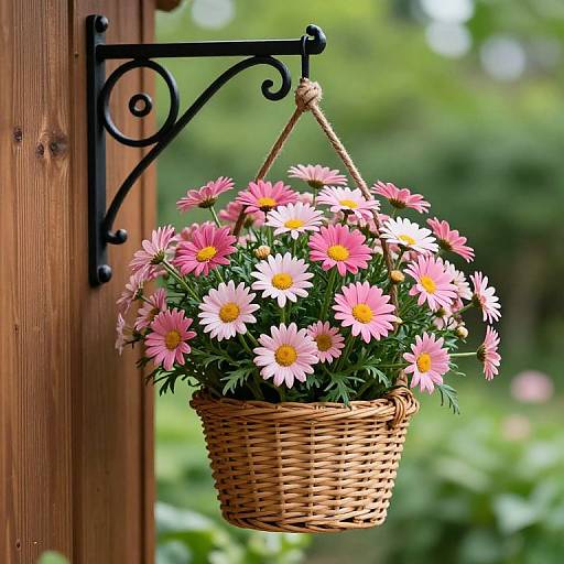 Photograph of a wicker basket hanging from a black metal bracket, filled with pink and white daisy flowers, against a blurred green garden background.