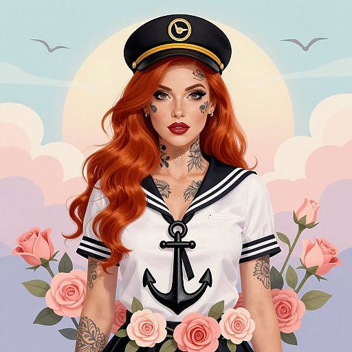 Digital illustration of a tattooed woman with long red hair, wearing a sailor hat and white sailor top with an anchor, surrounded by pink roses against a