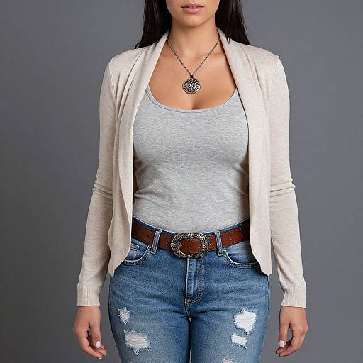 Photograph of a woman with long black hair, wearing a white cardigan over a gray tank top, blue ripped jeans, brown belt, and silver