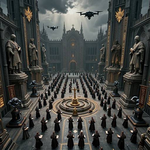 Photorealistic CGI of a gothic cathedral courtyard, filled with black-robed figures, statues, and two flying drones under a cloudy sky.