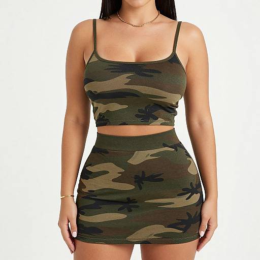 Photograph of a woman with long black hair wearing a camouflage crop top and matching high-waisted mini skirt, gold necklace, and bracelet, standing
