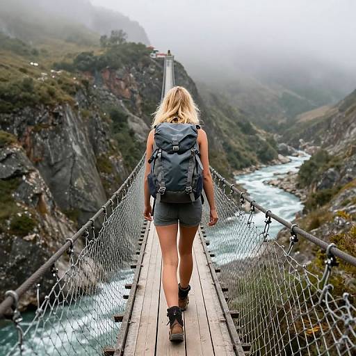 Photograph of a blonde woman with a blue backpack walking on a narrow, foggy suspension bridge over a rushing river in a rocky, mountainous landscape