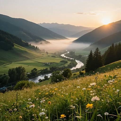 Photograph of a serene mountain valley at sunrise, featuring a misty river, lush green hills, wildflowers in the foreground, and a golden sun