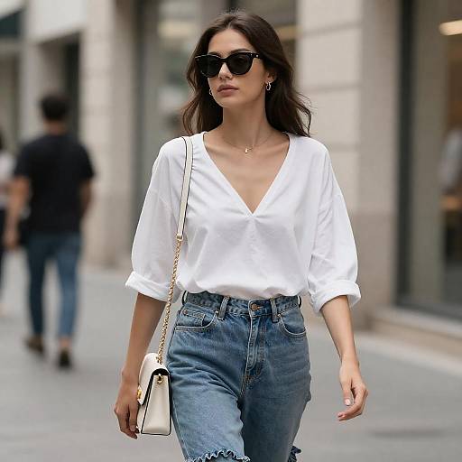 Woman Walking in Street with Sunglasses and Handbag