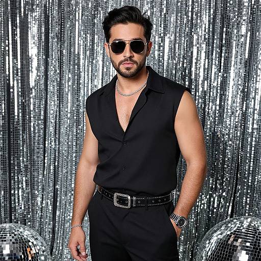 Photograph of a muscular man with dark hair and beard, wearing sunglasses, black sleeveless shirt, silver chain necklaces, and black pants, standing
