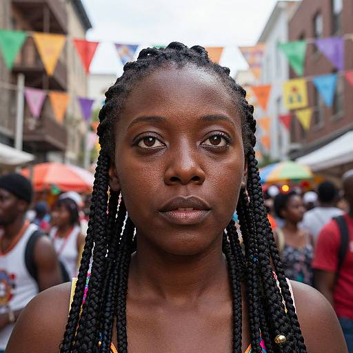 Photograph of a young Black woman with dark skin, long braided hair, and serious expression, standing in a colorful, bustling street festival with vibrant