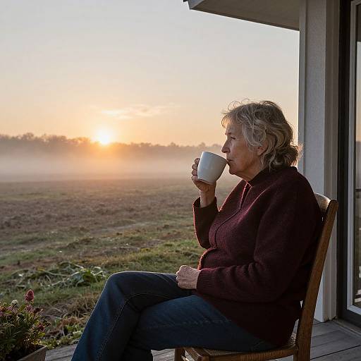 Photograph of an elderly woman with short, curly gray hair, wearing a maroon sweater and blue jeans, sipping from a white mug, sitting