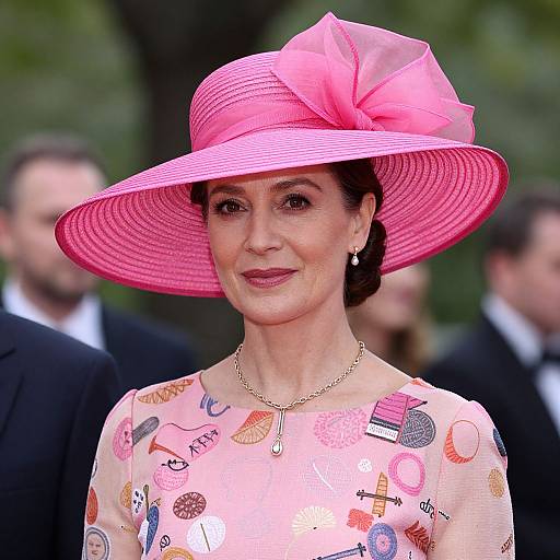 Photograph of a mature woman with fair skin, dark hair, wearing a pink hat with a large bow, and a pink blouse adorned with colorful patterns