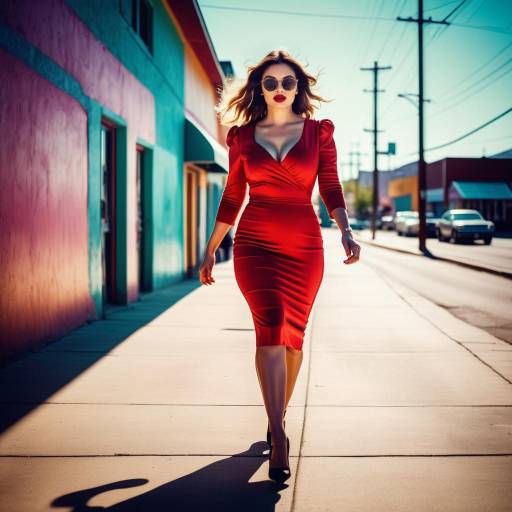 Photograph of a confident brunette woman in a red and green belted dress, walking down a sunlit autumn street with parked cars and illuminated storefronts