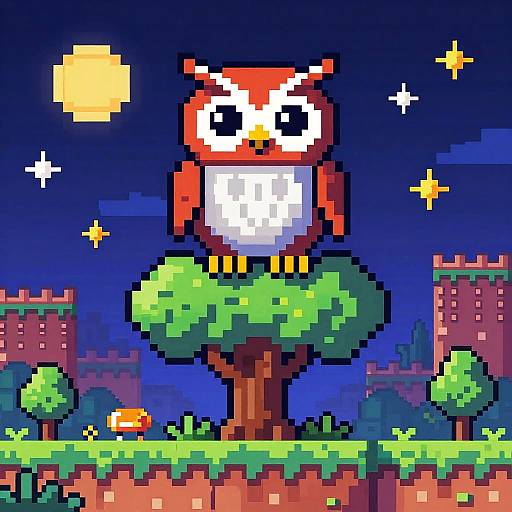 8-Bit Pixel Owl on Neon Tree at Night