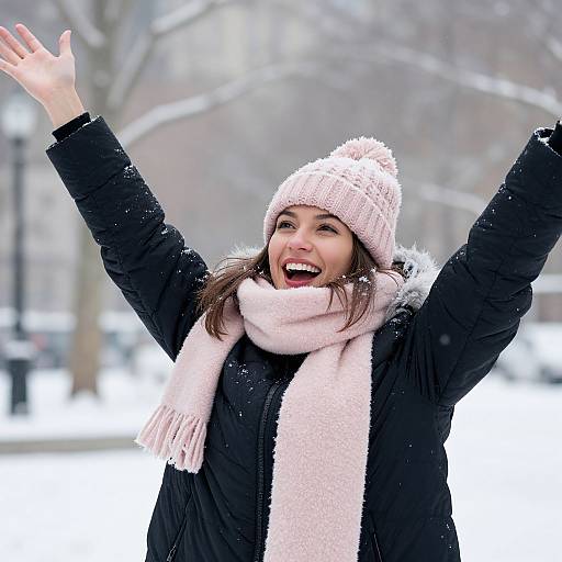Photograph of a joyful Asian woman with long brown hair, wearing a pink knit beanie, black puffer jacket, and pink scarf, arms raised