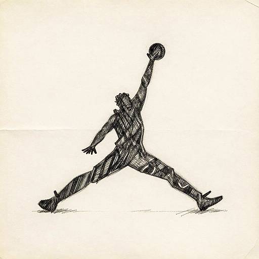 Black ink drawing of a dynamic, wide-legged, arm-extended figure in motion, reaching upwards with a ball, against a white background.