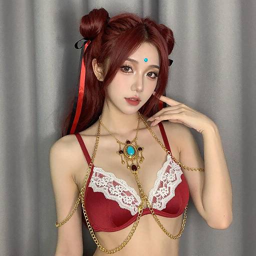 Asian Woman with Red Hair and Jewelry