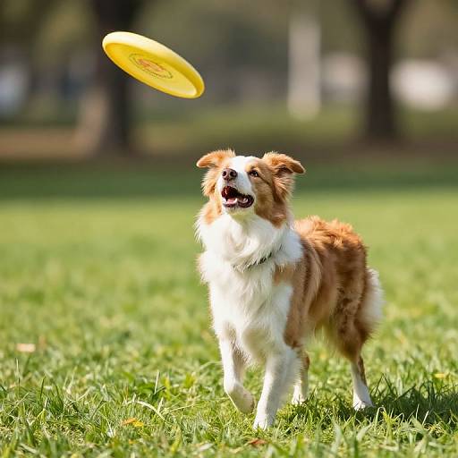 Photograph of a happy, brown and white Border Collie mid-air catching a yellow frisbee in a sunlit, green grassy park.