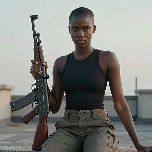 Woman Holding AK-47 on Rooftop