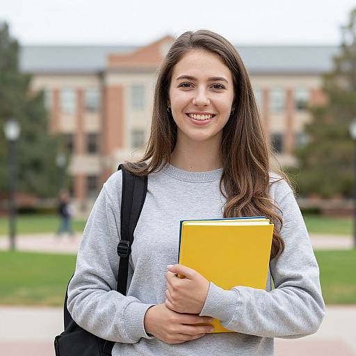 Photograph of a smiling young woman with long brown hair, wearing a gray sweater, holding a yellow book, standing in a blurred campus background.