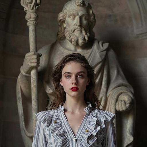 Serious Woman with Stone Statue Background