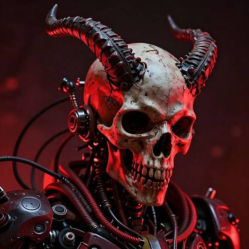 Digital art of a skeletal demon with black, coiled horns, illuminated by red light. Mechanical parts and wires adorn its neck and shoulders. Dark,