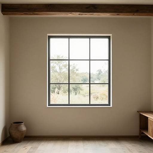Photograph of a minimalist room with a central black-framed window, wooden beam, clay pot on left, wooden shelf on right.