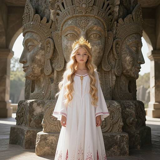 Photograph of a young blonde girl with long wavy hair, wearing a white dress and gold crown, standing in front of ancient stone carvings