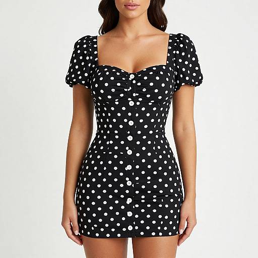 Photograph of a woman wearing a black, short-sleeve, polka dot dress with white dots, sweetheart neckline, and fitted waist, against