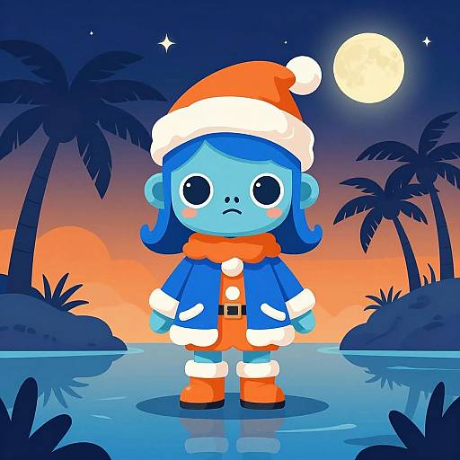 Cartoon-style digital drawing of a blue-skinned girl with blue hair in a Santa hat, scarf, and coat, standing in a tropical pond at
