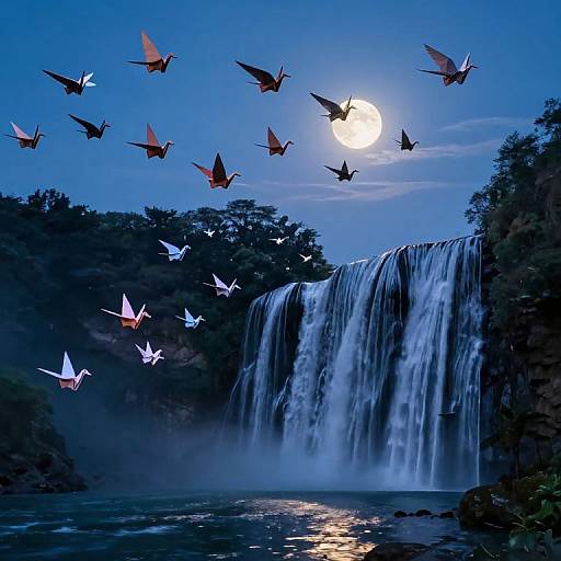 Paper Cranes Flight at Moonlit Waterfall