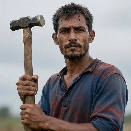 Determined Man with Hammer in Stormy Sky