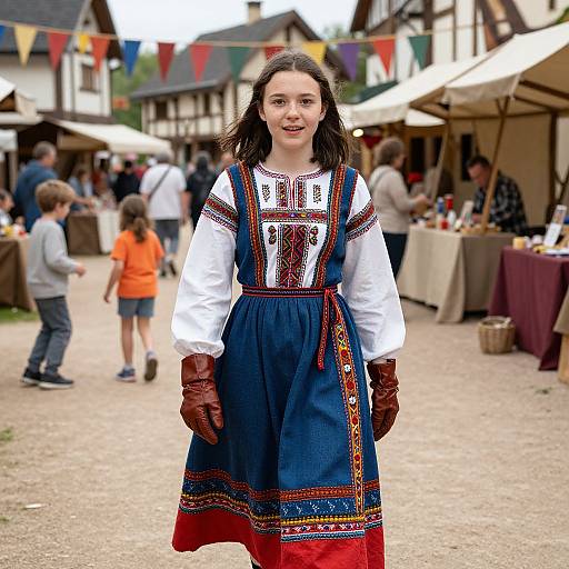 Photograph of a young girl with brown hair, wearing a blue embroidered dress, white blouse, brown gloves, standing in a medieval-style village market with