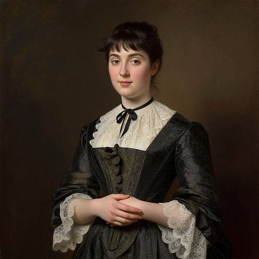 Victorian-era portrait of a fair-skinned woman with dark hair, wearing a black lace-trimmed dress with a white ruffled collar and black