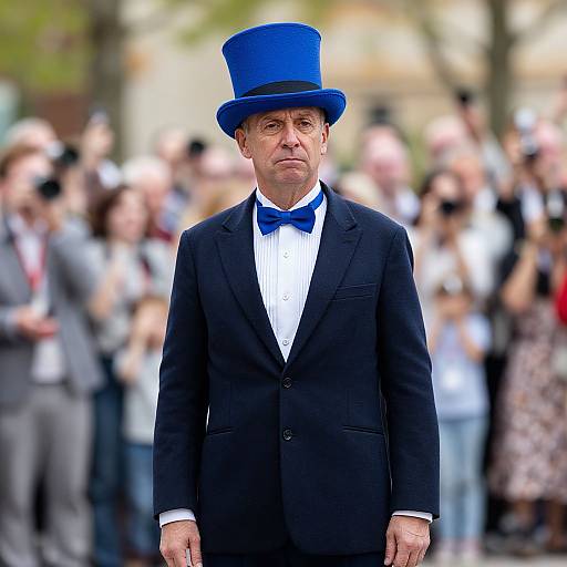 Photograph of an elderly man in a black suit, blue bow tie, and vibrant blue top hat, standing in front of a blurred crowd outdoors.